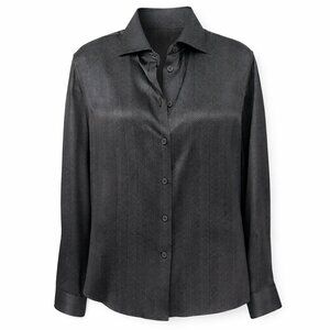 Giorgio Armani Runway Black & Gray Herringbone 100% Silk Button Front Top, Sz 6